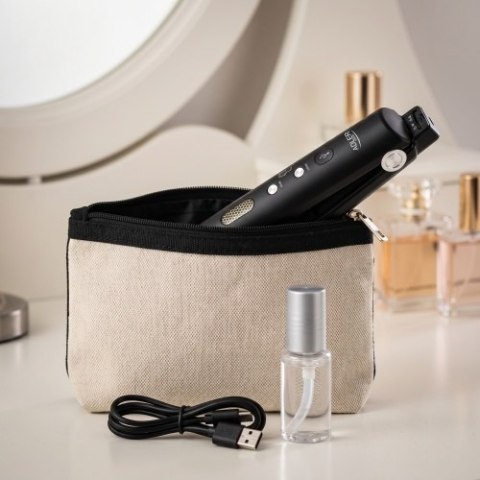 AD 2327 black Prostownica bezprzewodowa podróżna usb-c, ceramiczne płytki 22 x 90 mm, 3 temperatury 160/190/220°c, led, etui