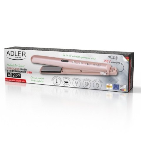 AD 2327 pink Prostownica bezprzewodowa podróżna usb-c, ceramiczne płytki 22 x 90 mm, 3 temperatury 160/190/220°c, led, etui