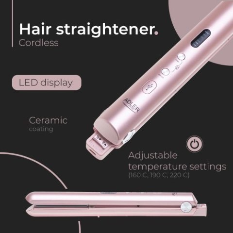 AD 2327 pink Prostownica bezprzewodowa podróżna usb-c, ceramiczne płytki 22 x 90 mm, 3 temperatury 160/190/220°c, led, etui