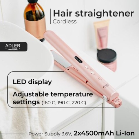 AD 2327 pink Prostownica bezprzewodowa podróżna usb-c, ceramiczne płytki 22 x 90 mm, 3 temperatury 160/190/220°c, led, etui