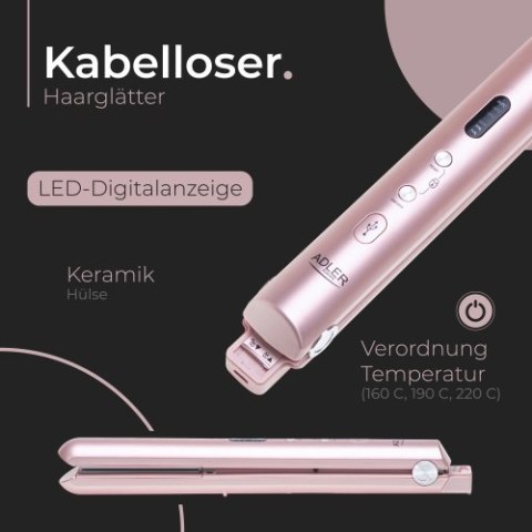 AD 2327 pink Prostownica bezprzewodowa podróżna usb-c, ceramiczne płytki 22 x 90 mm, 3 temperatury 160/190/220°c, led, etui