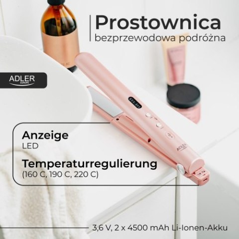 AD 2327 pink Prostownica bezprzewodowa podróżna usb-c, ceramiczne płytki 22 x 90 mm, 3 temperatury 160/190/220°c, led, etui