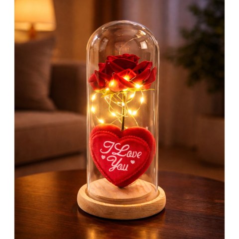 Wieczna Róża w Kopule z Oświetleniem LED Czerwona z Serduszkiem 18,5x8cm