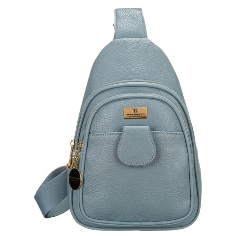 Niebieska stylowa mała saszetka damska z eko skóry zdobionej złotymi okuciami nerka crossbody Peterson