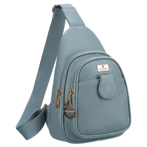 Niebieska stylowa mała saszetka damska z eko skóry zdobionej złotymi okuciami nerka crossbody Peterson
