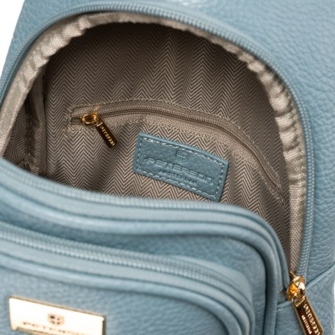 Niebieska stylowa mała saszetka damska z eko skóry zdobionej złotymi okuciami nerka crossbody Peterson