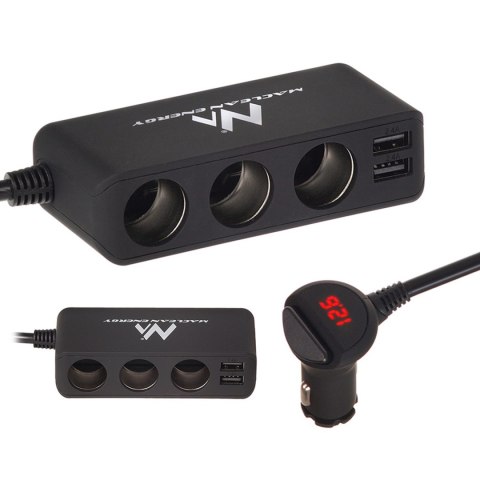 Rozdzielacz gniazda zapalniczki samochodowej Maclean, woltomierz, 3 gniazda zapalniczki, 4xUSB, 4.8A, max 120W, czarny, gumowany