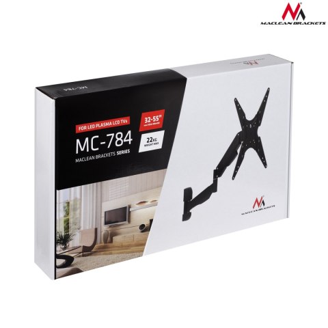 Uchwyt / wieszak do TV lub monitora Maclean, gazowa sprężyna, 2 ramiona, reg. wysokości 25cm, 32"-55", 22kg, Czarny, MC-784