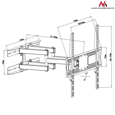 Uchwyt / wieszak do TV lub monitora Maclean, uniwersalny, max VESA 400x400, 26-65", 30kg, czarny, MC-760