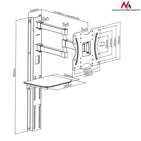 Uchwyt / wieszak do TV z półką Maclean, vesa 200x200 , 23"-42", 30kg, MC-771