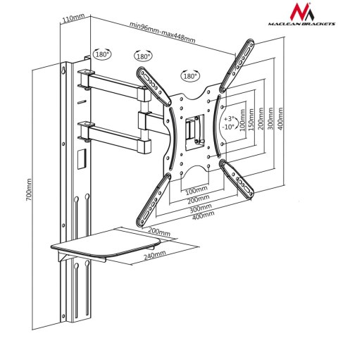 Uchwyt / wieszak do TV z półką Maclean, VESA 400x400, 32"-55", 30kg, MC-772