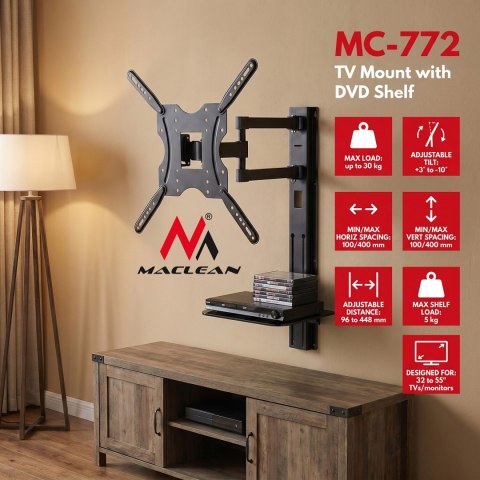 Uchwyt / wieszak do TV z półką Maclean, VESA 400x400, 32"-55", 30kg, MC-772