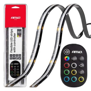 Paski led cob do samochodu wielobarwne multi kolor rgb z pilotem 2x30cm 12v amio-04579
