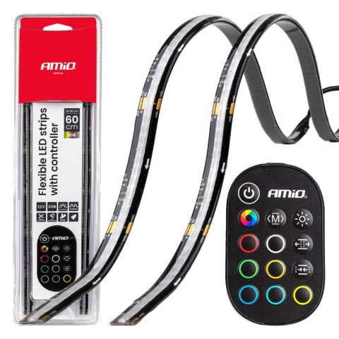 Paski led cob do samochodu wielobarwne multi kolor rgb z pilotem 2x30cm 12v amio-04579