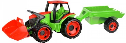 Pojazd traktor z łyżką i przyczepą czerwono-zielony