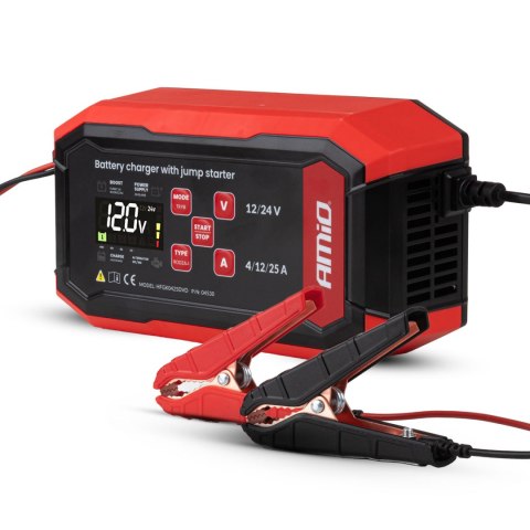 Prostownik cyfrowy z wspomaganiem rozruchu agm gel std lfp max 25a 12v 24v pro amio-04530