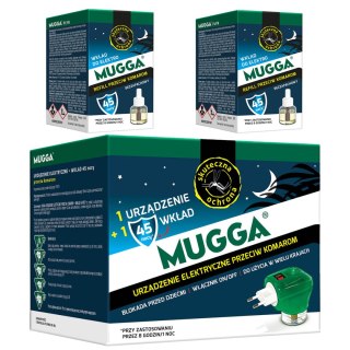 Urządzenie elektryczne z wkładem na komary Mugga 45 nocy 35ml + 2x Wkład płyn na komary Mugga 45 nocy 35ml