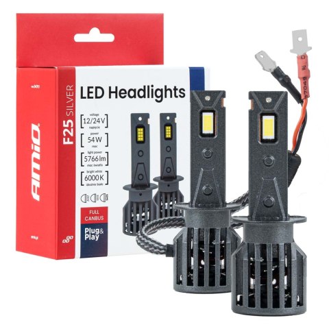 Żarówki samochodowe led f25 silver full canbus 54w h1 12v 24v amio-04701