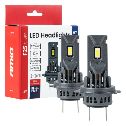 Żarówki samochodowe led f25 silver full canbus 62w h7 h18 12v 24v amio-04704