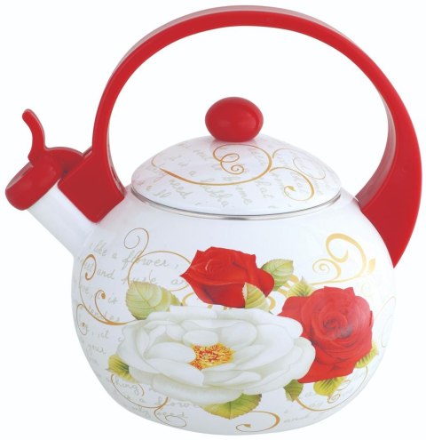 Czajnik z gwizdkiem, stal emaliowana, wzór - czerwone i białe róże, 2l, kinghoff, kh-1910