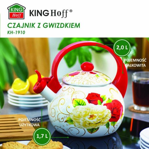 Czajnik z gwizdkiem, stal emaliowana, wzór - czerwone i białe róże, 2l, kinghoff, kh-1910