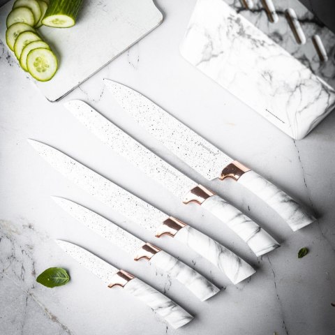 Noże kuchenne w stojaku, kolor biały, z brązowym wzorem, zestaw 6 elementów, klausberg, kb-7769