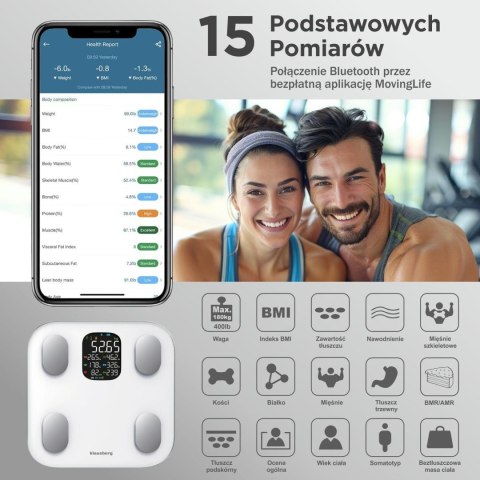 Waga łazienkowa, elektroniczna, z analizatorem składu ciała, biała, klausberg, kb-7855