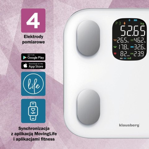 Waga łazienkowa, elektroniczna, z analizatorem składu ciała, biała, klausberg, kb-7855