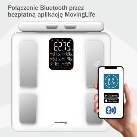 Waga łazienkowa z uchwytem, elektroniczna, precyzyjna analiza składu ciała, biała, klausberg, kb-7857