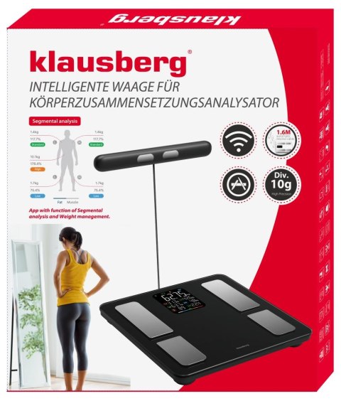 Waga łazienkowa z uchwytem, elektroniczna, precyzyjna analiza składu ciała, czarna, klausberg, kb-7856