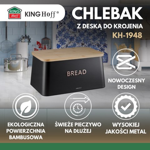 Chlebak stalowy, bambusowa pokrywa-deska do krojenia, czarny, kinghoff, kh-1948