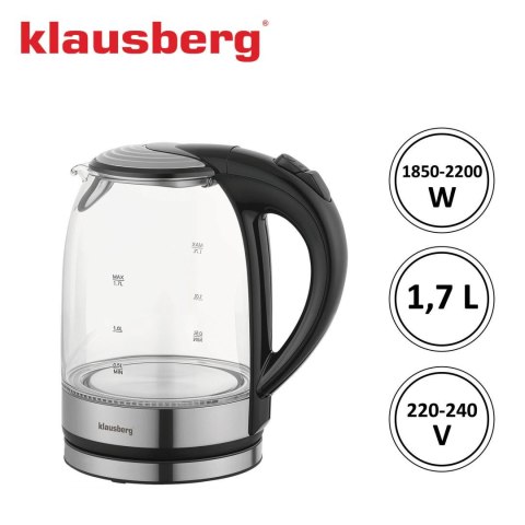 Czajnik elektryczny, szklany, z led, 1,7l, klausberg, kb-7886