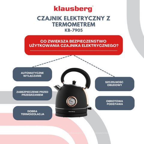 Czajnik elektryczny z termometrem, stal nierdzewna, czarny/rose gold 1,8l, 1850-2200w, klausberg, kb-7905