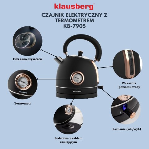 Czajnik elektryczny z termometrem, stal nierdzewna, czarny/rose gold 1,8l, 1850-2200w, klausberg, kb-7905