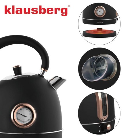 Czajnik elektryczny z termometrem, stal nierdzewna, czarny/rose gold 1,8l, 1850-2200w, klausberg, kb-7905