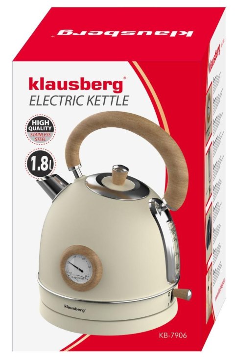 Czajnik elektryczny z termometrem, stal nierdzewna, kremowy z drewnem, 1,8l, 1850-2200w, klausberg, kb-7906
