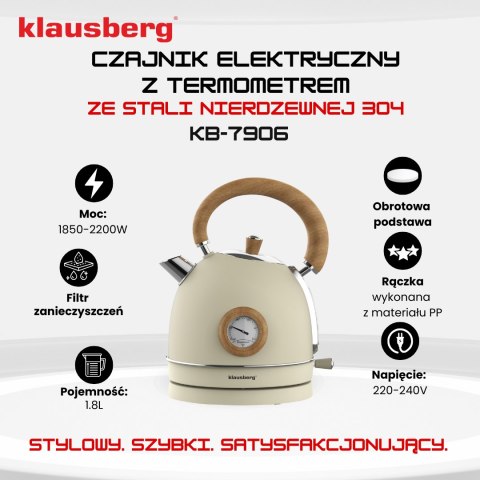 Czajnik elektryczny z termometrem, stal nierdzewna, kremowy z drewnem, 1,8l, 1850-2200w, klausberg, kb-7906