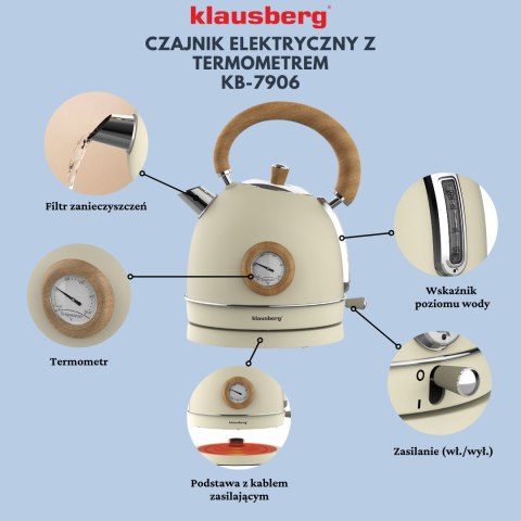 Czajnik elektryczny z termometrem, stal nierdzewna, kremowy z drewnem, 1,8l, 1850-2200w, klausberg, kb-7906
