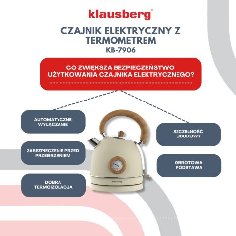 Czajnik elektryczny z termometrem, stal nierdzewna, kremowy z drewnem, 1,8l, 1850-2200w, klausberg, kb-7906