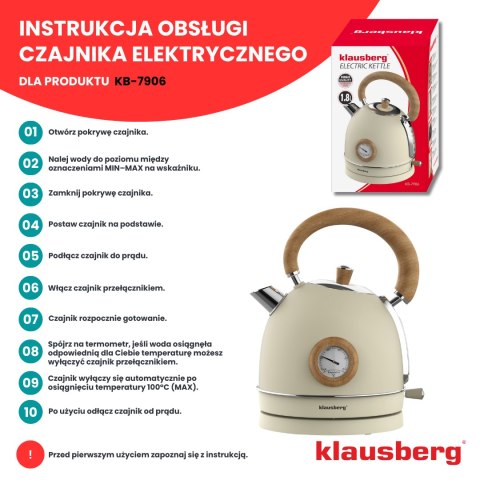 Czajnik elektryczny z termometrem, stal nierdzewna, kremowy z drewnem, 1,8l, 1850-2200w, klausberg, kb-7906