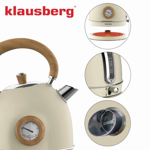Czajnik elektryczny z termometrem, stal nierdzewna, kremowy z drewnem, 1,8l, 1850-2200w, klausberg, kb-7906