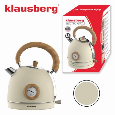 Czajnik elektryczny z termometrem, stal nierdzewna, kremowy z drewnem, 1,8l, 1850-2200w, klausberg, kb-7906