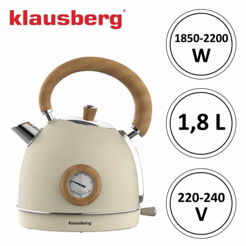 Czajnik elektryczny z termometrem, stal nierdzewna, kremowy z drewnem, 1,8l, 1850-2200w, klausberg, kb-7906