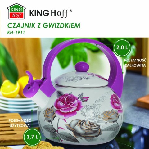 Czajnik z gwizdkiem, stal emaliowana, wzór - róże bordo i szarość, 2l, kinghoff, kh-1911