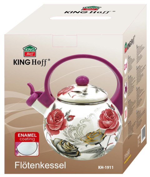 Czajnik z gwizdkiem, stal emaliowana, wzór - róże bordo i szarość, 2l, kinghoff, kh-1911