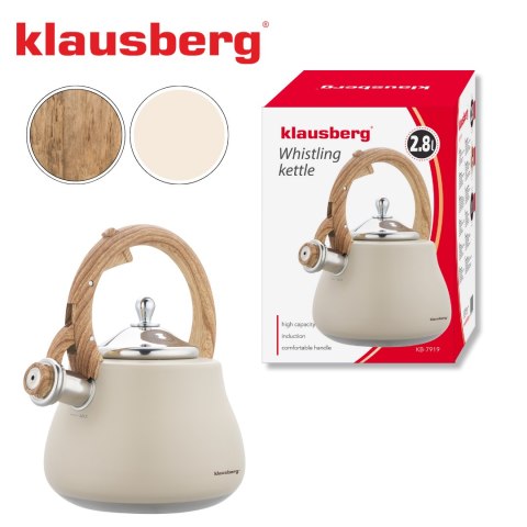 Czajnik z gwizdkiem, stal nierdzewna, beżowy z elementami drewnopodobnymi, 2,8l, klausberg, kb-7919
