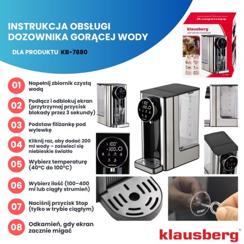 Dozownik gorącej wody, dyspenser, dotykowy panel led, regulacja temperatury i objętości, 2,7l, klausberg, kb-7880