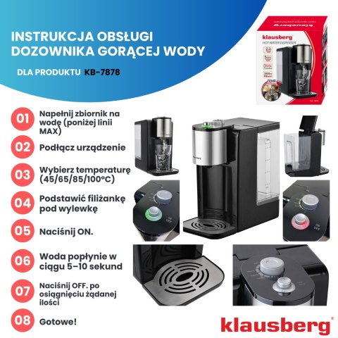 Dozownik gorącej wody, dyspenser, regulacja temperatury 45-100°c, czarno-srebrny, 2,2l, klausberg, kb-7878
