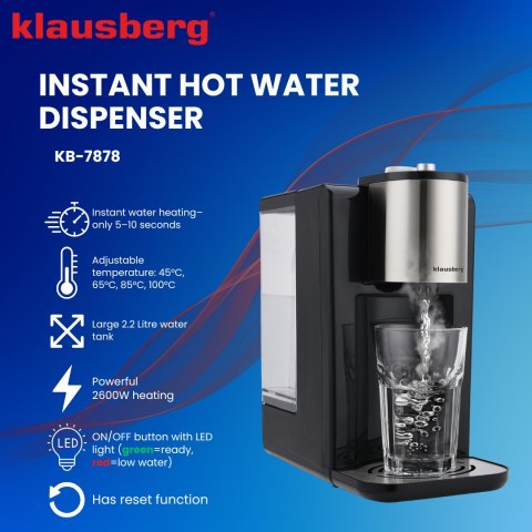 Dozownik gorącej wody, dyspenser, regulacja temperatury 45-100°c, czarno-srebrny, 2,2l, klausberg, kb-7878
