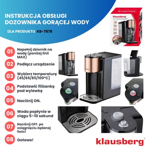 Dozownik gorącej wody, dyspenser, regulacja temperatury 45-100°c, czarny z różowym złotem, 2,2l, klausberg, kb-7879